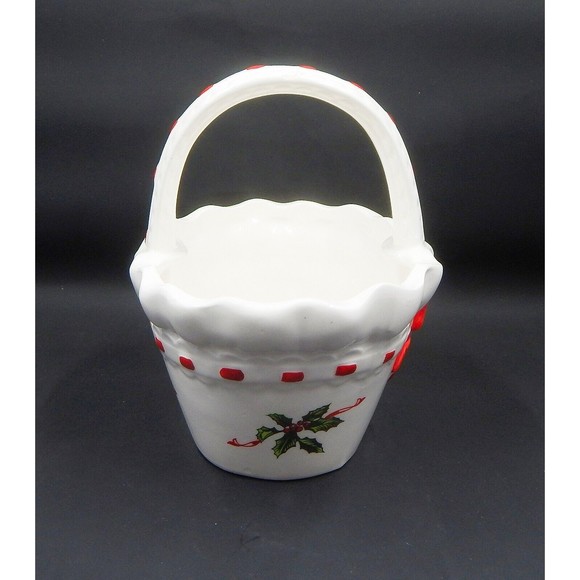 Lefton Christmas Holiday Holly Berry Handled Basket Hand-Painted White Red Bow - Picture 4 of 12